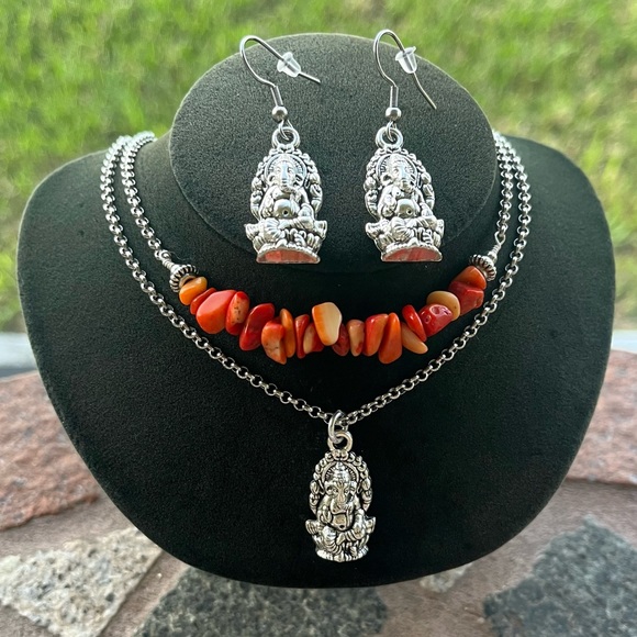 Set ! Red orange coral double layer ganesh necklace + earrings boho yoga zen gem - Picture 13 of 14